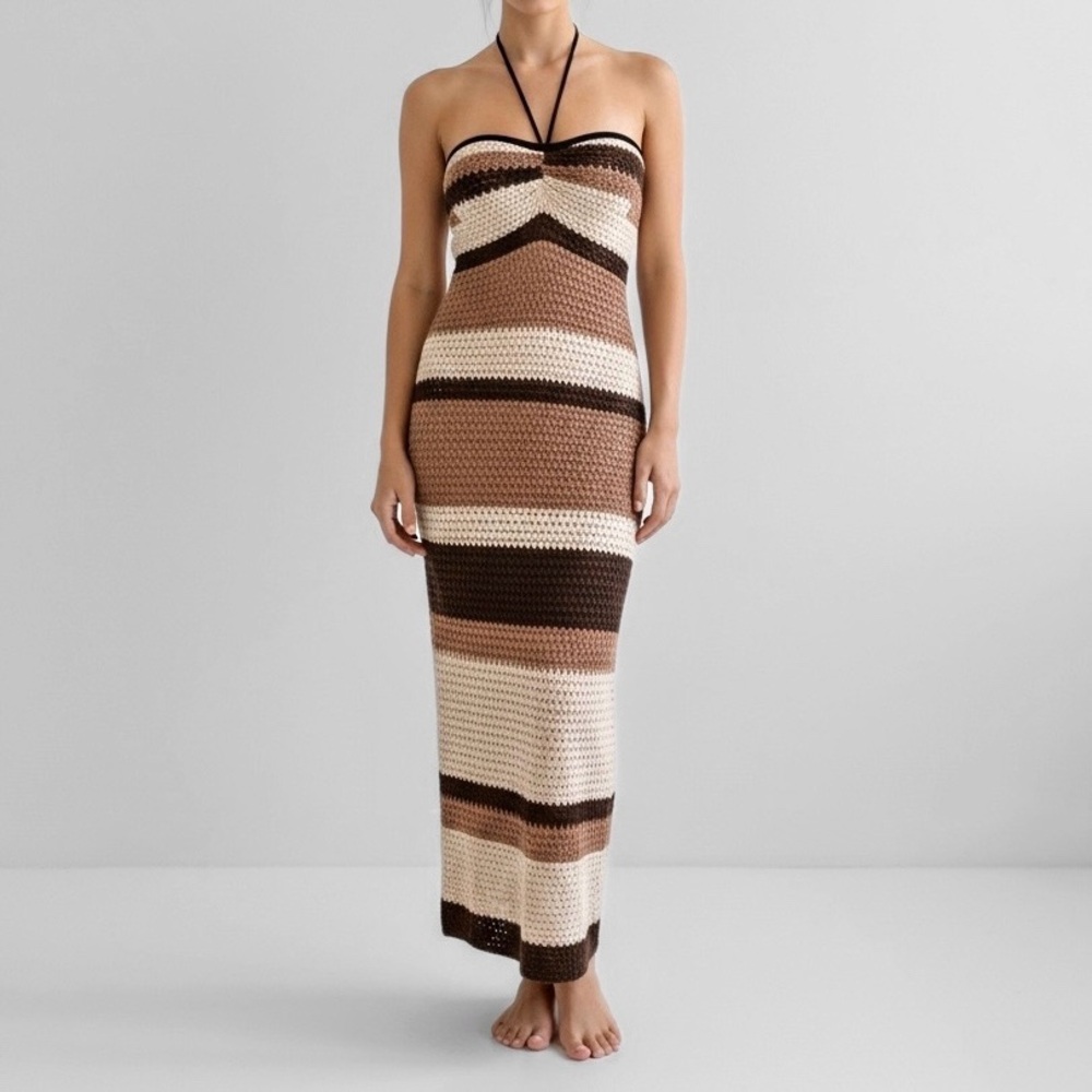 Crochet Knit Tube Midi Dress Sz S Taupe Brown Beige Coconut Girl Boho Festival